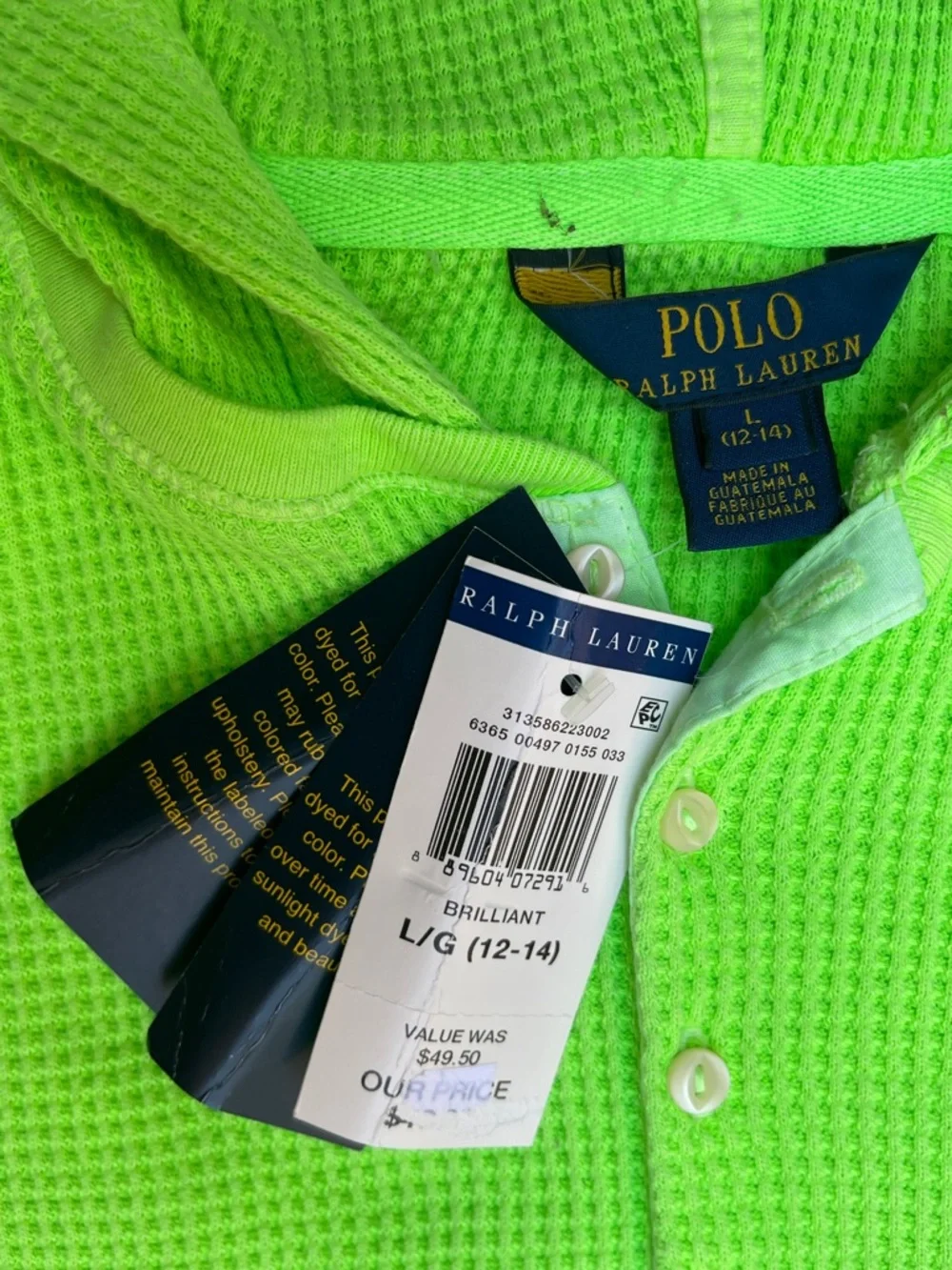 NWT Polo Ralph Lauren Waffle Knit Hoodie Dress in Neon Green Preppy Spring L